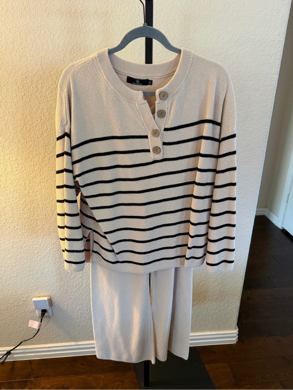 Amazon Cream and Black Striped Women's Lounge Set with Henley Buttons